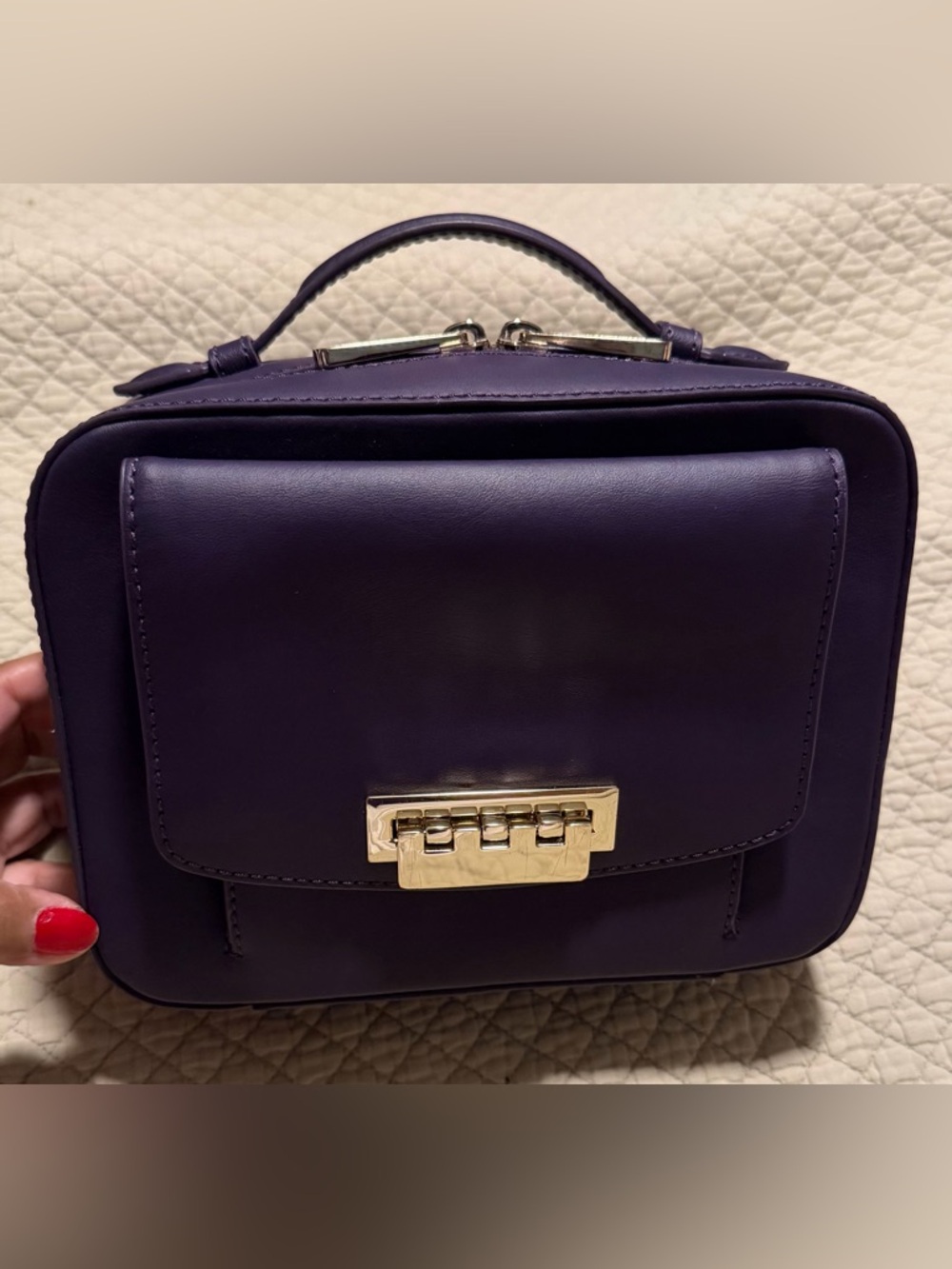 Zac Posen Purple Leather Top-Handle Satchel with Gold Hardware color eggplant.